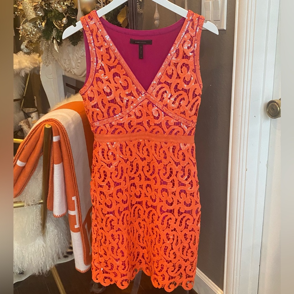 BCBG Orange Sequin Midi Dress